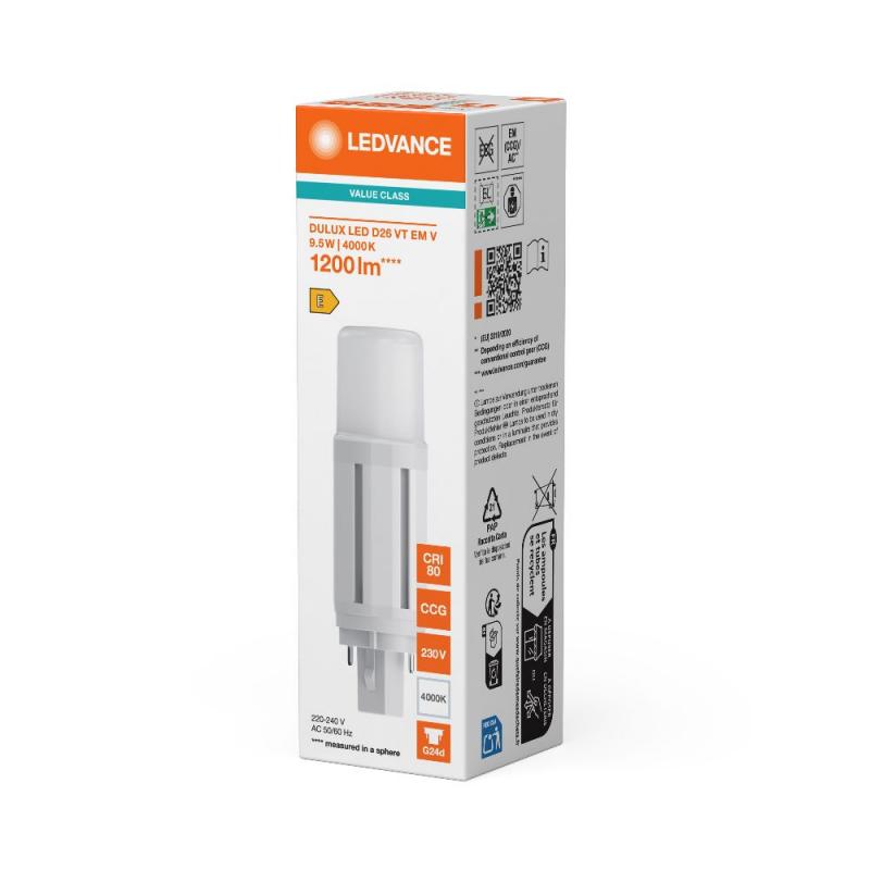 Ledvance DULUX D26 LED Kompaktlampe 2Pin G24d  9,5W wie 26W 4000K neutralweißes Licht EM & AC für KVG/VVG